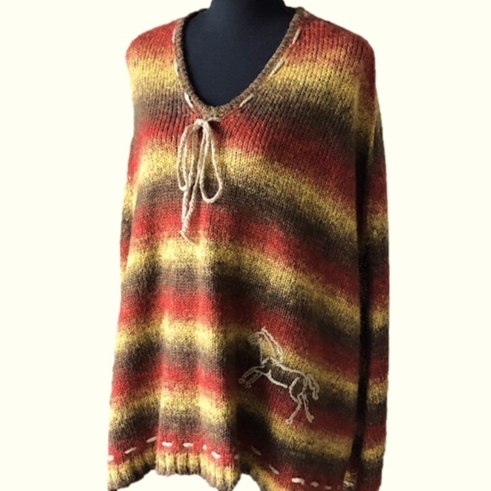Bit & Bridle Striped Knit Poncho in Red, Yellow, Brown